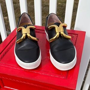 An Hour and A Shower Black Leather Sneakers with Gold Toned Hardware Size 7